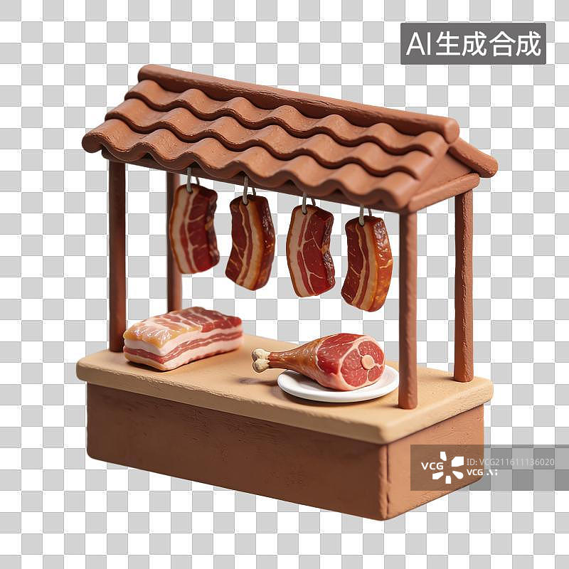 【AI数字艺术】3D立体中国风年货传统肉铺摊位元素图片素材