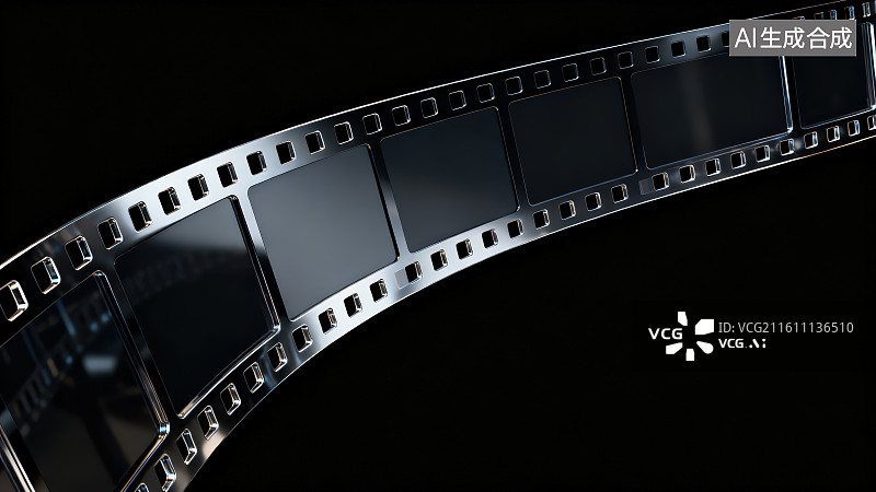 【AI数字艺术】黑色背景下弯曲波浪形银色胶卷胶片组成的框架边框图片素材