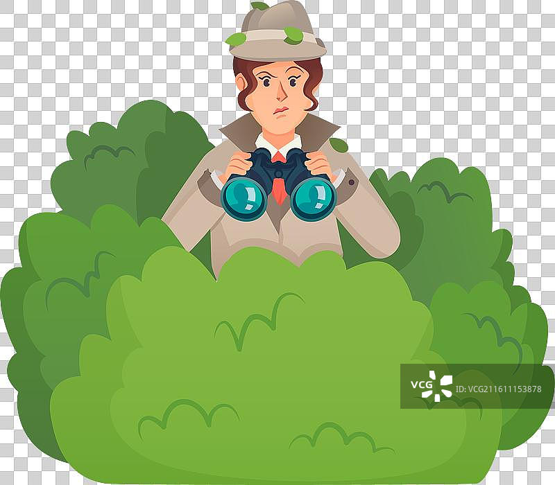 女调查员躲在绿色的灌木丛中图片素材