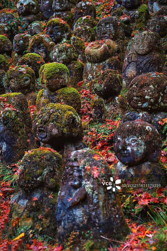 日本京都，岚山区域，爱宕念佛寺内，各种形态石雕小佛像图片素材