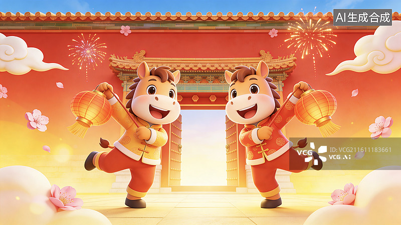 【AI数字艺术】新年春节跨年拜年除夕马年十二生肖卡通马提着灯笼庆祝快乐幸福插画图片素材