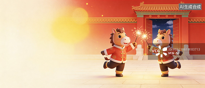 【AI数字艺术】新年春节跨年拜年除夕马年十二生肖卡通马拿着烟花棒焰火庆祝快乐幸福插画图片素材