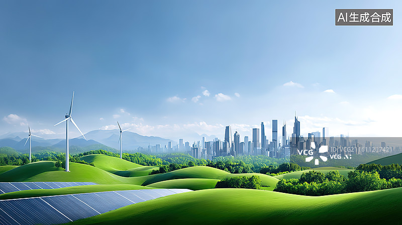 【AI数字艺术】新能源发电绿色低碳城市美好生活环保主题插画图片素材