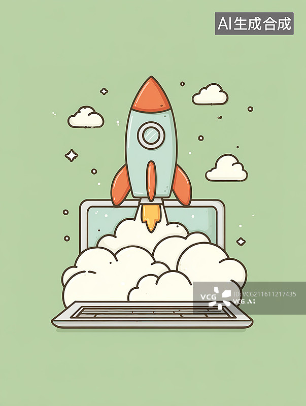 【AI数字艺术】飞出电脑屏幕的小火箭创意创造概念扁平风创意插画图片素材