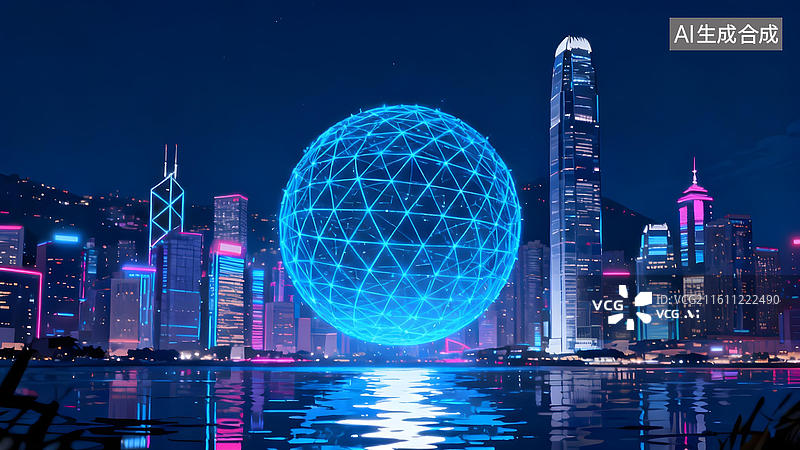 【AI数字艺术】未来城市夜景与发光球体图片素材