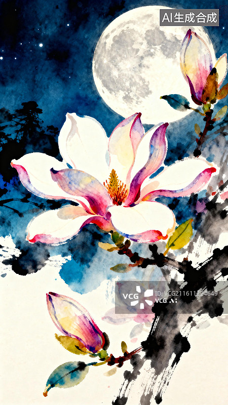 【AI数字艺术】圆月和玉兰花 3月春分节气花卉插画系列图片素材