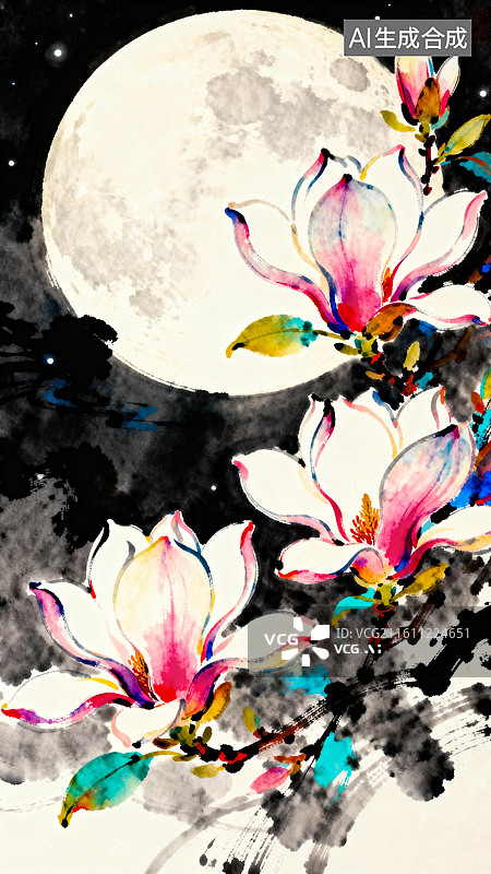 【AI数字艺术】水墨玉兰花 3月春分节气花卉插画系列图片素材