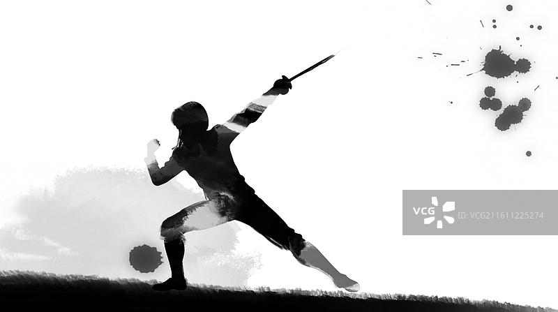 击剑 剑术 水墨 运动 设计 插画 人物 动作 击剑 剑术 剑图片素材