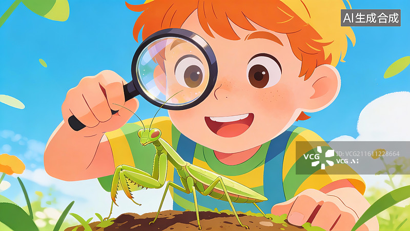 【AI数字艺术】拿放大镜观察螳螂的男孩图片素材
