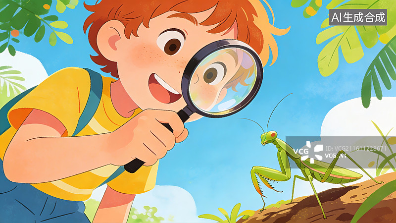 【AI数字艺术】拿放大镜观察螳螂的男孩图片素材