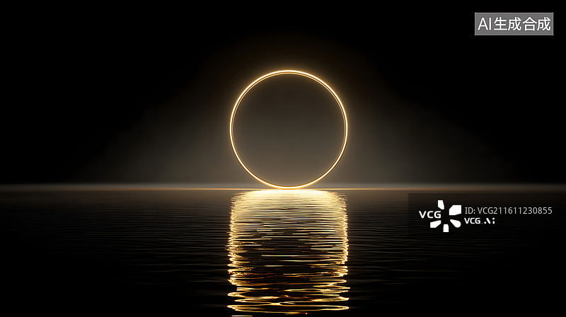 【AI数字艺术】暗境中金环映水泛光图片素材