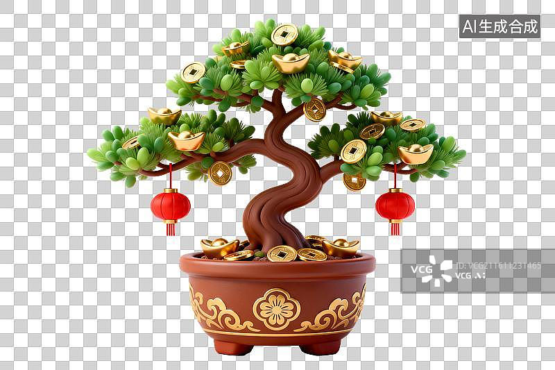 【AI数字艺术】盆栽松树挂金元宝与红灯笼图片素材