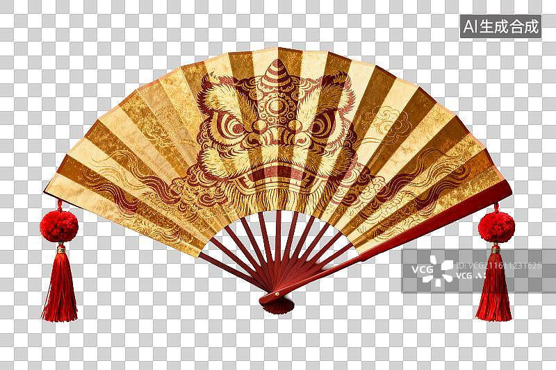 【AI数字艺术】传统虎纹折扇配红流苏装饰图片素材