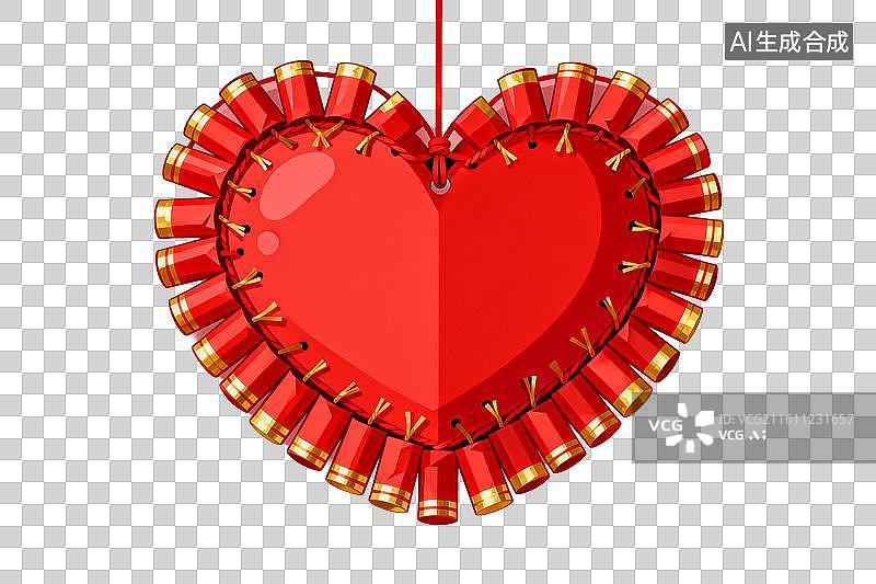 【AI数字艺术】红色心形装饰挂件配鞭炮边框图片素材