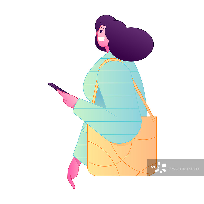 人物手拿手机进行社交互动造型矢量渐变插画图片素材