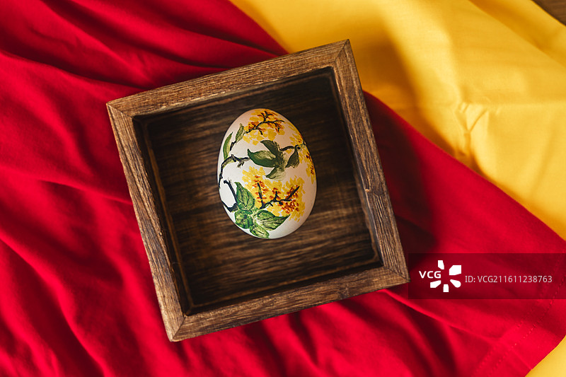 木盒里摆放的画着吉祥图案的鸡蛋图片素材