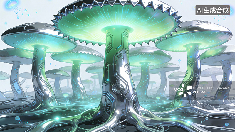 【AI数字艺术】发光机械真菌森林图片素材