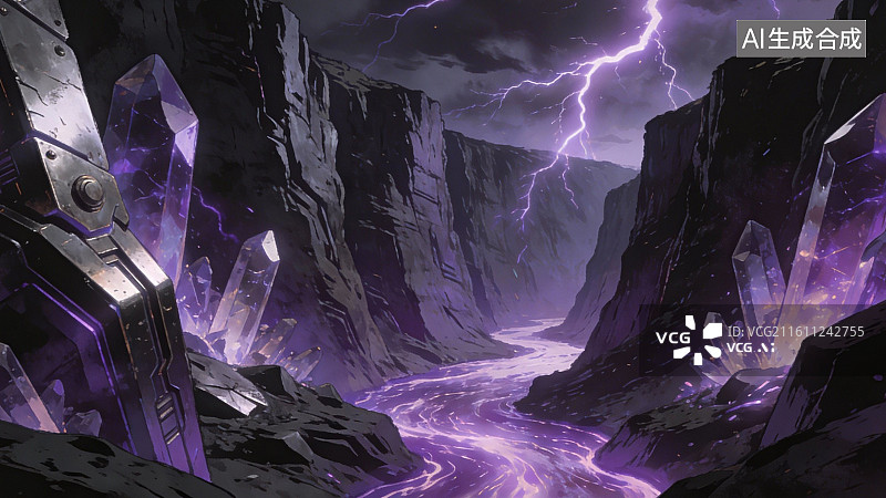 【AI数字艺术】紫色闪电峡谷景观图片素材