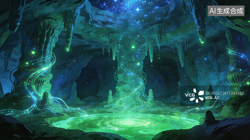【AI数字艺术】发光洞穴中的神秘绿池图片素材