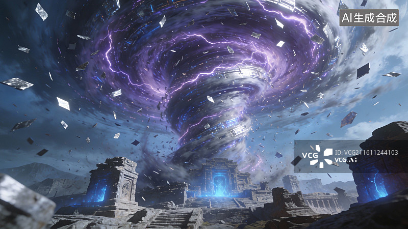 【AI数字艺术】紫色风暴席卷古老遗迹图片素材