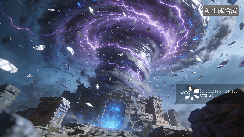 【AI数字艺术】紫色雷暴旋涡摧毁废墟图片素材