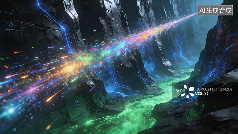 【AI数字艺术】奇幻峡谷中的光流景象图片素材