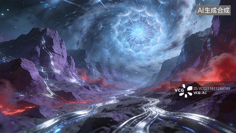 【AI数字艺术】宇宙星云下的奇幻山谷图片素材