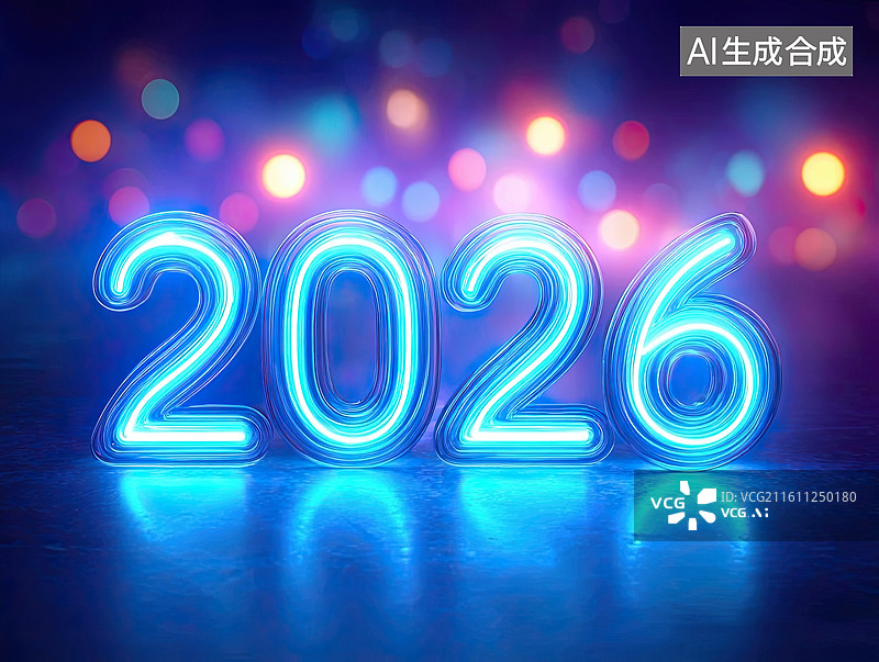 【AI数字艺术】2026蓝色霓虹灯数字背景图片素材