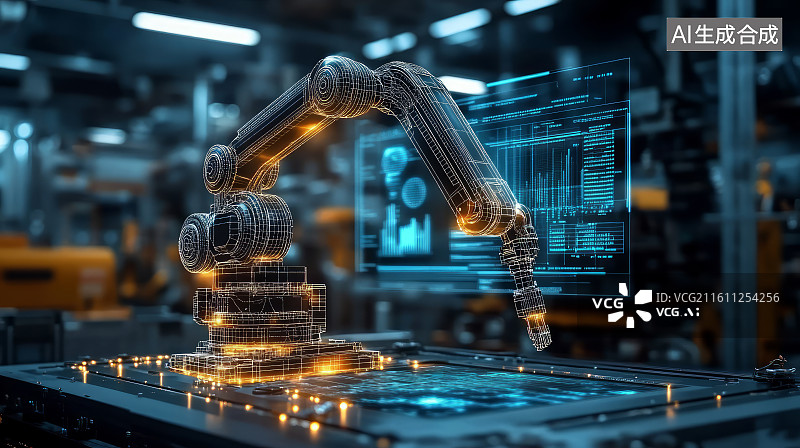 【AI数字艺术】工业机械臂科技全息透视图，智能制造概念图片素材