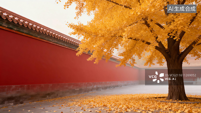 【AI数字艺术】秋天中式红墙琉璃瓦与金色银杏树插画图片素材