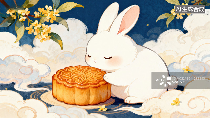 【AI数字艺术】玉兔捧月饼云间赏花图片素材