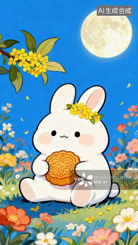 【AI数字艺术】兔子手持月饼赏月图片素材