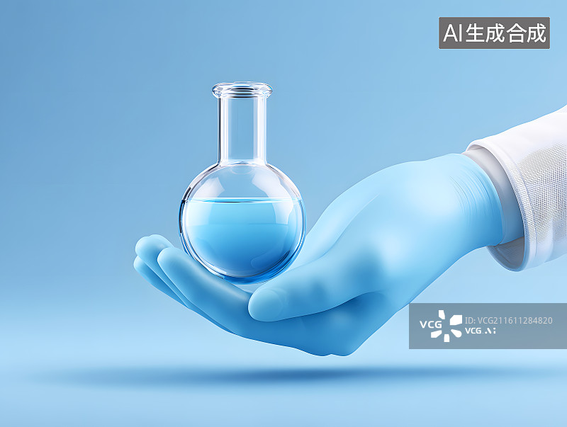 【AI数字艺术】一只手上拿着一个蓝色的烧杯图片素材