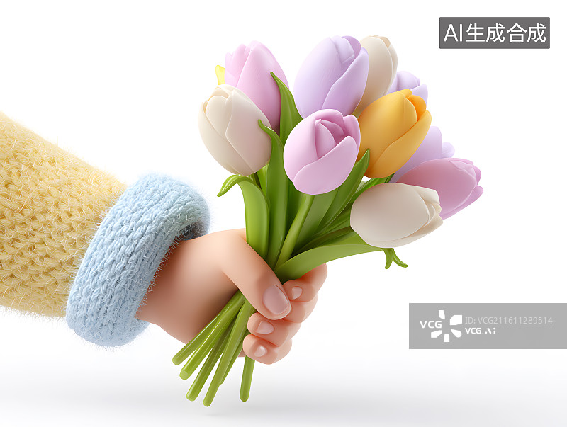 【AI数字艺术】一只可爱的卡通小手拿着一束郁金香图片素材