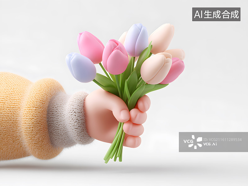 【AI数字艺术】一只可爱的卡通小手拿着一束郁金香图片素材