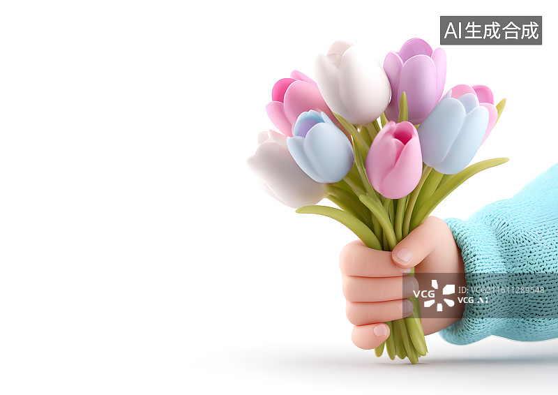 【AI数字艺术】一只可爱的卡通小手拿着一束郁金香图片素材