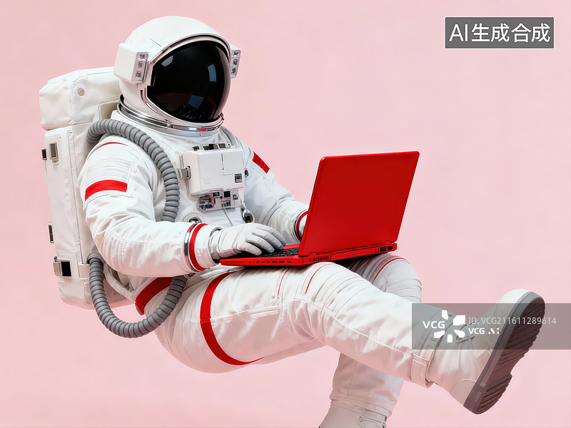 【AI数字艺术】宇航员使用红色笔记本电脑图片素材