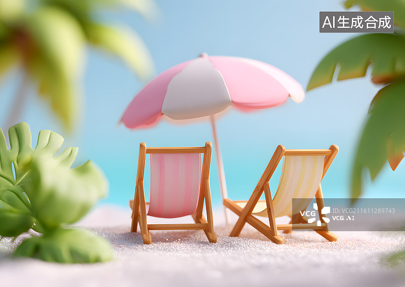 【AI数字艺术】沙滩上一个遮阳伞和沙滩椅图片素材