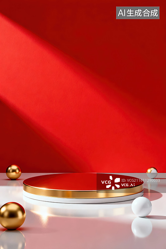 【AI数字艺术】红色背景下的金色圆形展台图片素材