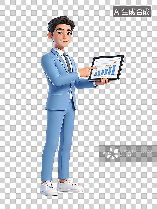 【AI数字艺术】年轻男性，面带微笑，手持平板展示数据，穿蓝色西装白色运动鞋，商务风格图片素材