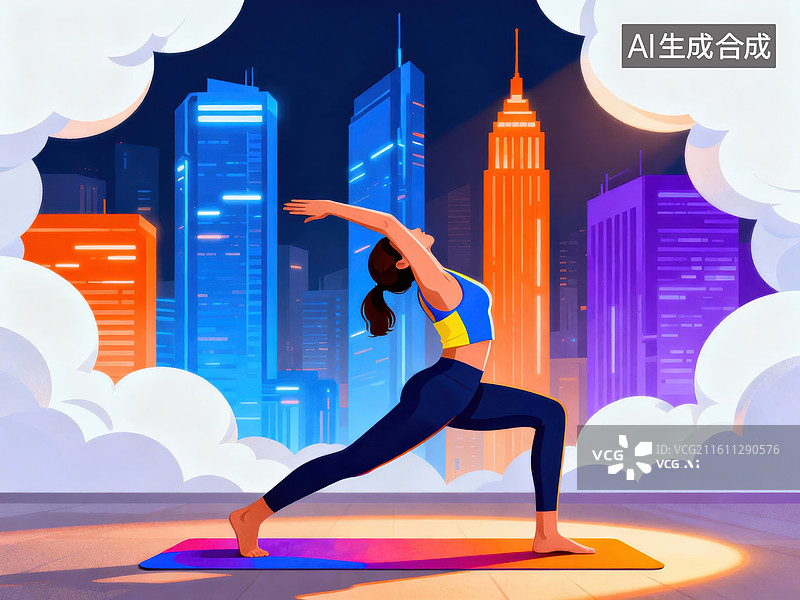 【AI数字艺术】城市夜景中的瑜伽练习图片素材