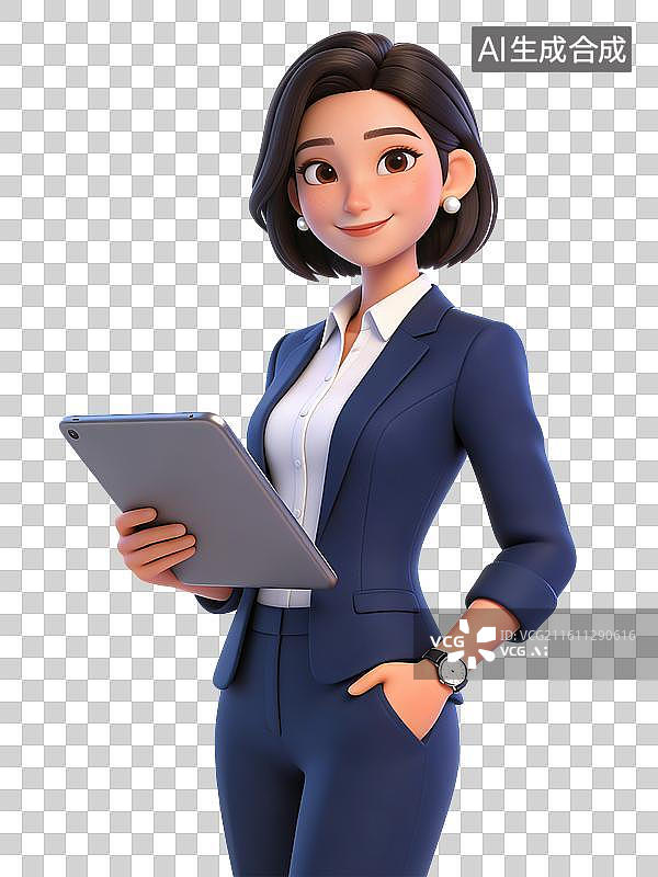 【AI数字艺术】年轻女性，面带微笑，手持平板，身穿蓝色西装，佩戴珍珠耳环和手表，职业装扮图片素材