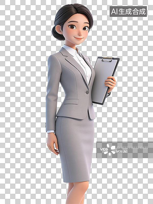 【AI数字艺术】一位穿着灰色职业装的女性，面带微笑，手持文件夹，专业且自信图片素材