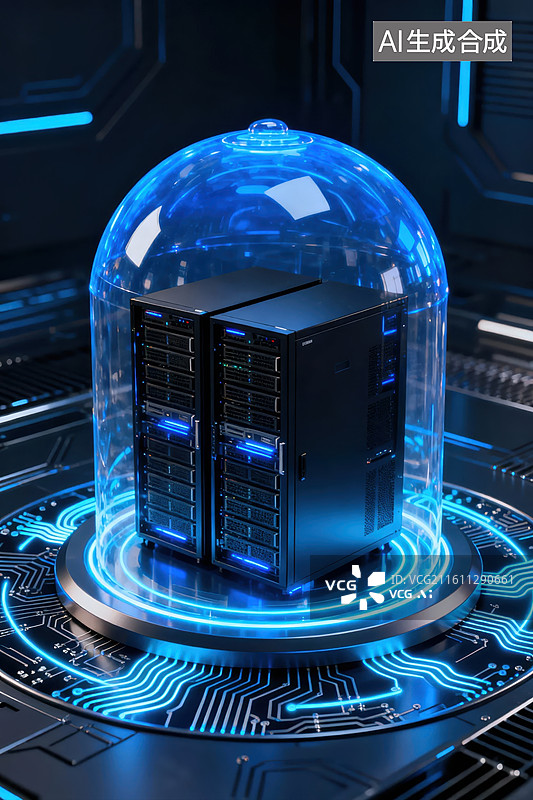 【AI数字艺术】服务器在透明穹顶内运行图片素材
