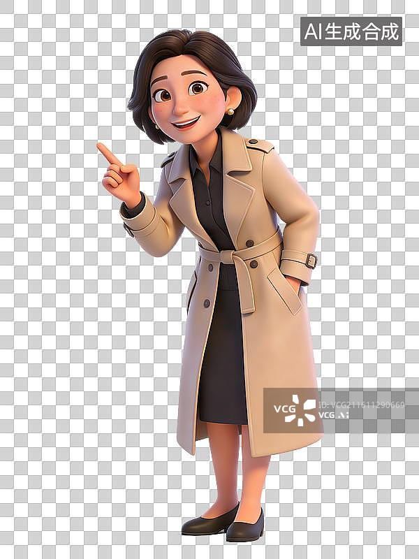 【AI数字艺术】短发女性，面带微笑，手指前方，身着米色风衣与黑色裙子，职业装扮图片素材