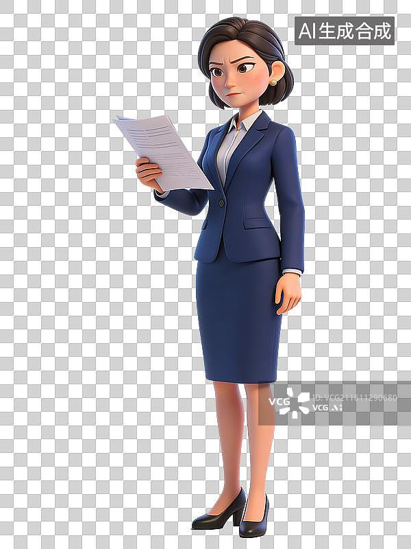 【AI数字艺术】一位穿着蓝色职业装的年轻女性，手持文件，表情严肃，在认真阅读或准备报告图片素材