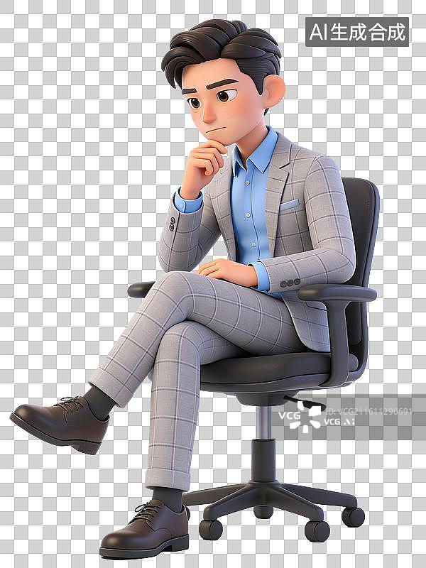 【AI数字艺术】一位穿着灰色西装的年轻男性，坐在办公椅上，手托下巴，表情沉思，正在思考问题图片素材