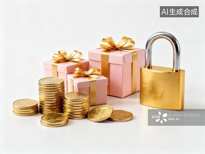 【AI数字艺术】金币礼盒与锁具静物图片素材