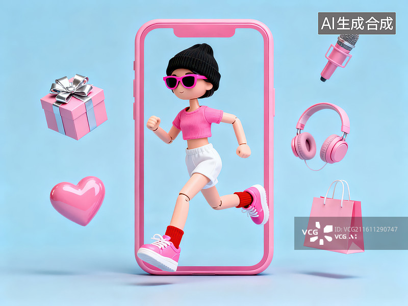 【AI数字艺术】手机屏幕中的女孩奔跑场景图片素材