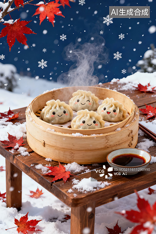 【AI数字艺术】雪中蒸笼里的笑脸包子图片素材
